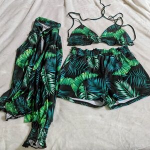 Green Palm Print Bikini Set with Cover-Up - Women Intimates & Sleepwear